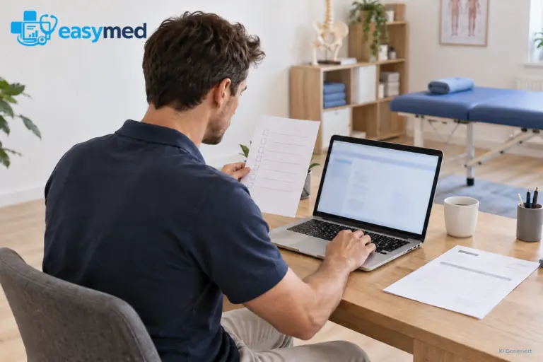 Physiotherapeut prüft einen digitalen Abrechnungsablauf mit Beispielunterlagen.