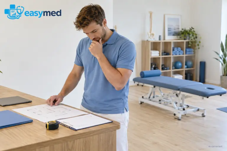 Physiotherapeut ordnet Entscheidungen und Arbeitsabläufe für den Praxisstart.