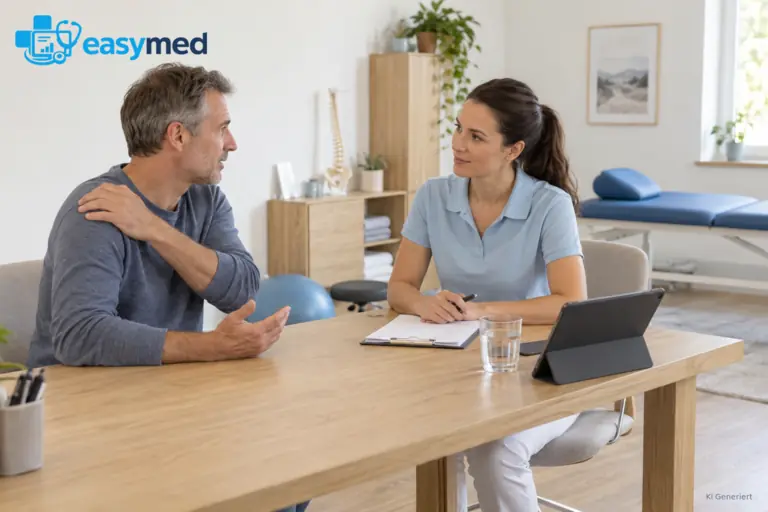 Physiotherapeutin hört beim ersten Gespräch zu und ordnet die Aufnahmeinformationen.