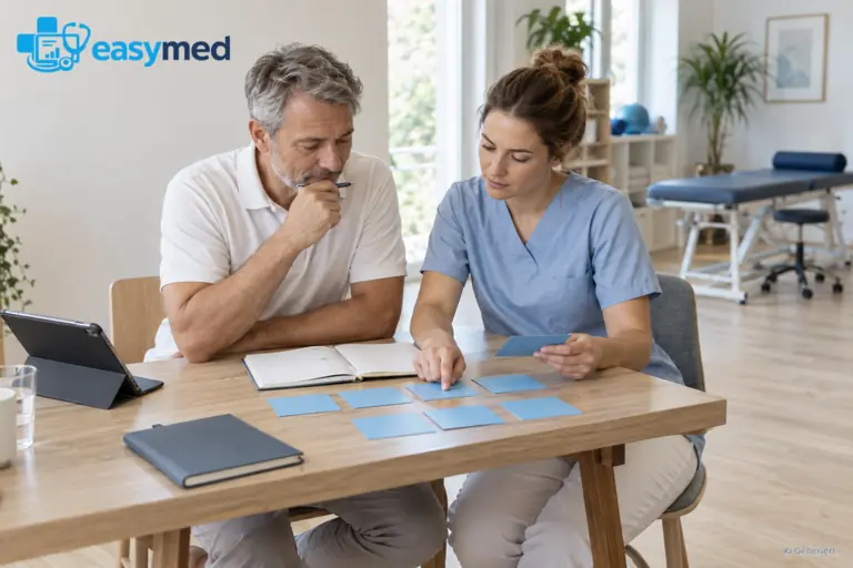 Physiotherapeut und Physiotherapeutin besprechen Arbeitsalltag und organisatorische Verantwortung.