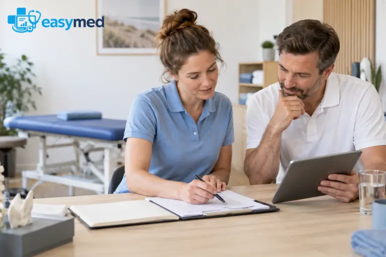 Zwei Physiotherapeuten prüfen den Zusammenhang zwischen Befund und Verlaufsnotizen.