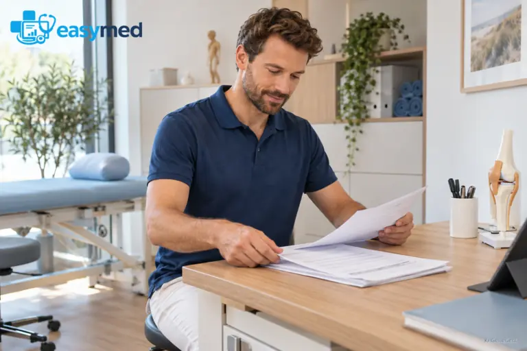 Physiotherapeut ordnet strukturierte Befundunterlagen am Arbeitsplatz.