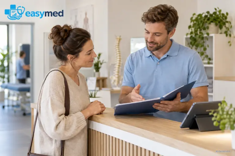 Physiotherapeut erläutert einer Patientin Leistungs- und Honorarunterlagen bei der Aufnahme.