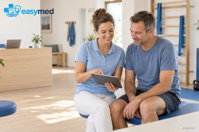Physiotherapeutin erläutert einem Patienten digitale Arbeitswege am Tablet.