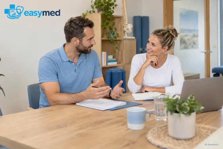 Zwei Physiotherapeuten besprechen Aufgaben und Abläufe einer geplanten Zusammenarbeit.