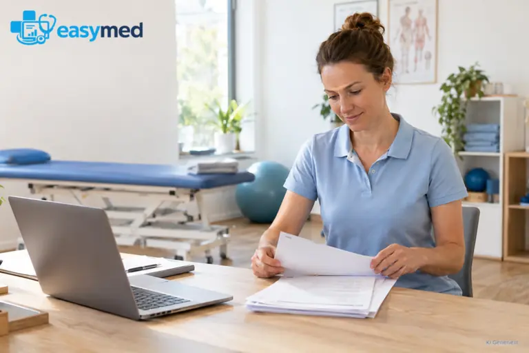 Physiotherapeutin ordnet Verlaufsnotizen für die Vorbereitung eines Therapieberichts.