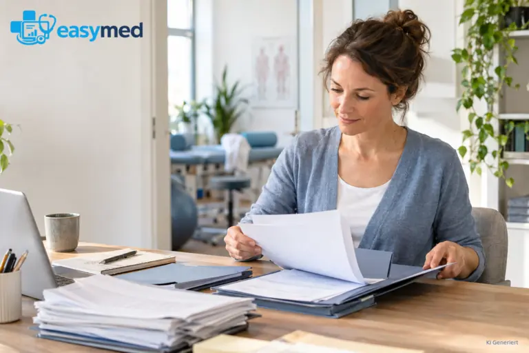 Eine Frau vergleicht Unterlagen an einem Schreibtisch in einem hellen Praxisraum.