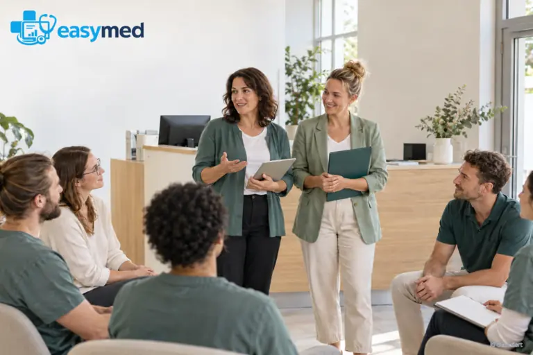Ein Therapieteam bespricht einen Wechsel der Praxisleitung.