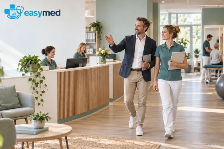 Zwei Personen besprechen den Praxisbetrieb im Empfangsbereich, während Mitarbeitende dort arbeiten.