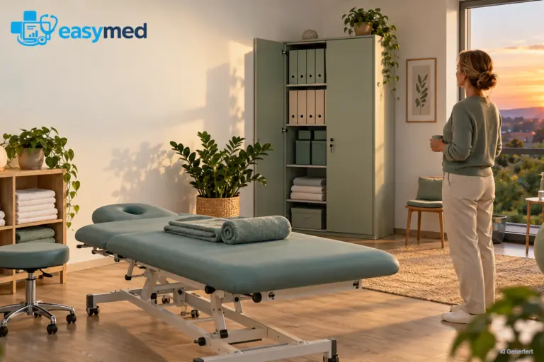Eine geordnet aufgeräumte Therapiepraxis mit verpackten Arbeitsmaterialien.