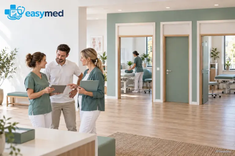 Ein Team stimmt die Nutzung mehrerer Behandlungsräume ab.