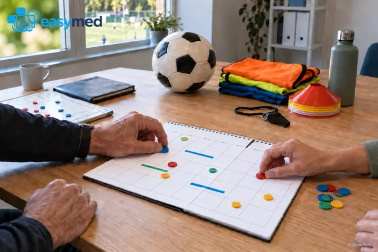 Ruhige Draufsicht auf Spieltagutensilien und einen unbeschrifteten Saisonkalender