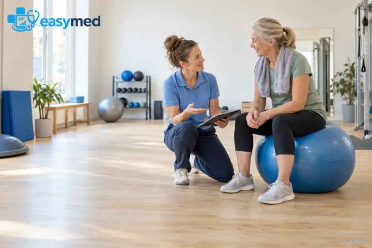 Therapeutin mit Tablet spricht in einem Praxisraum mit einer älteren Frau, die auf einem Gymnastikball sitzt.