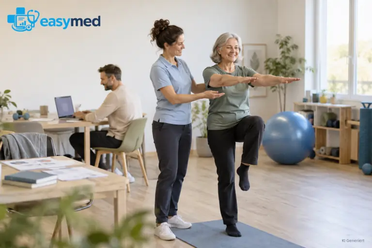 Physiotherapeutin begleitet eine ältere Frau bei einer Balanceübung; im Hintergrund plant eine Person am Laptop.