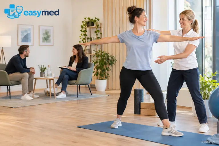 Kleine Bewegungsecke und diskrete Gesprächsecke bei einem freundlichen betrieblichen Gesundheitstag