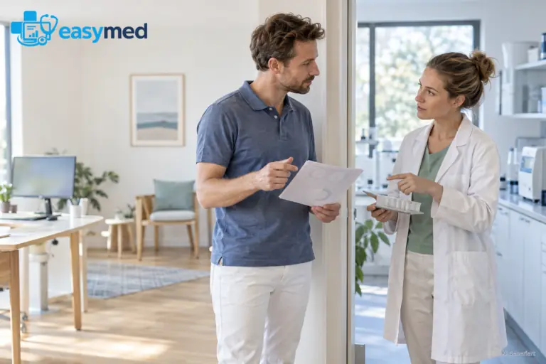 Zwei Fachkräfte kommunizieren von Praxis und Labor aus über eine klar zugeordnete Rückfrage