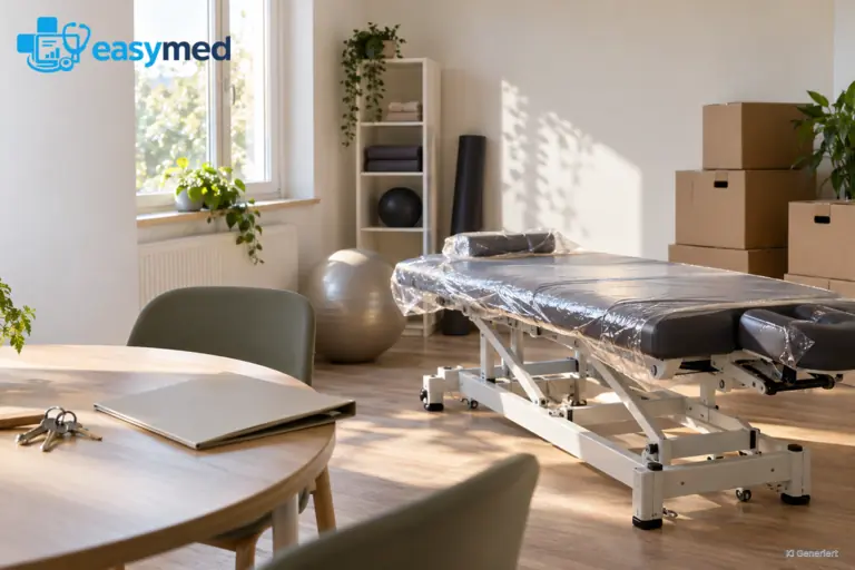 Neue Behandlungsliege, ungeöffnete Ausstattungskartons und Schlüssel in einem Therapieraum.