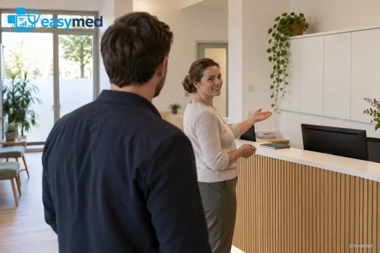 Eine interessierte Person schaut sich die Abläufe an einer Rezeption an.