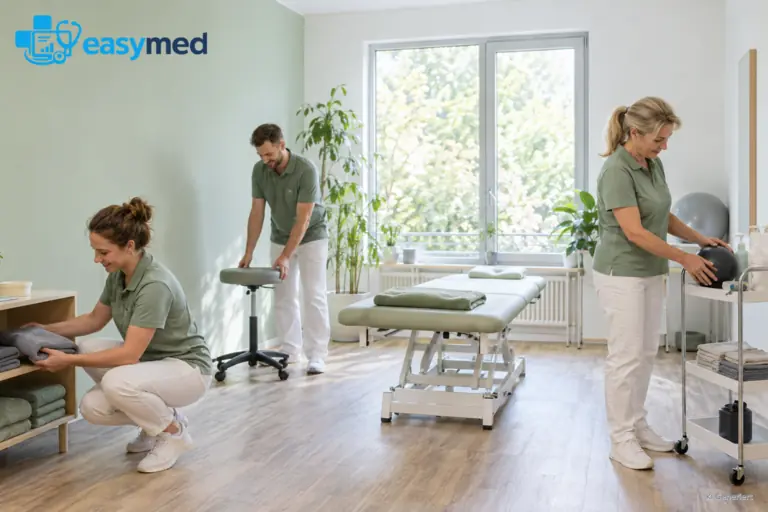 Ein Praxisteam bereitet gemeinsam einen Behandlungsraum vor.