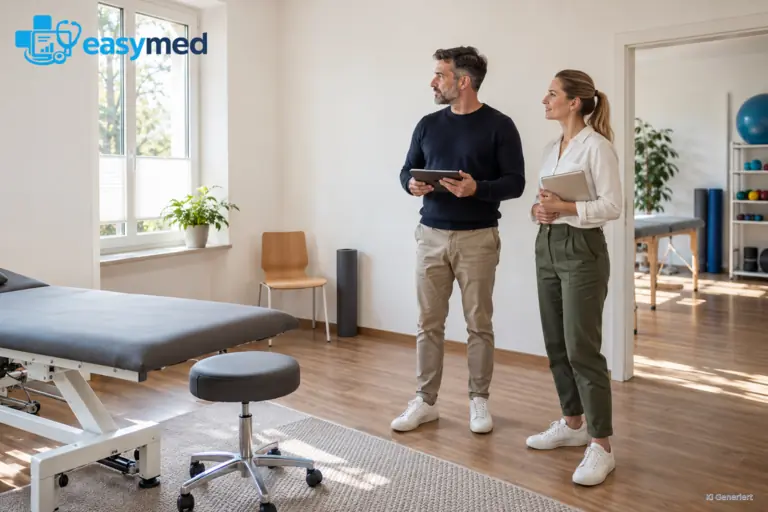 Praxisinhaber und künftige Standortleitung besichtigen einen zusätzlichen Therapieraum.