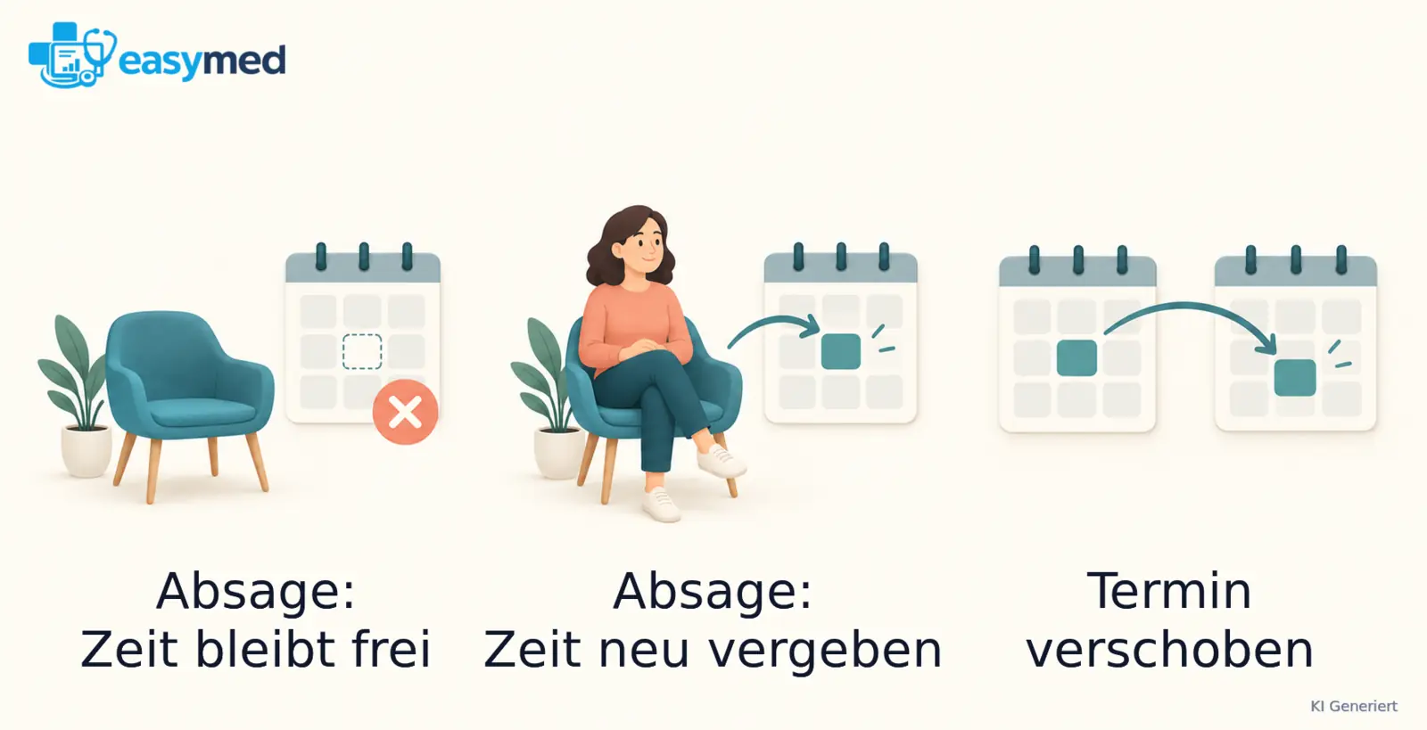 Drei Kalenderverläufe: eine Absage ohne Neuvergabe, eine Absage mit neu belegtem Zeitfenster und ein verschobener Termin.