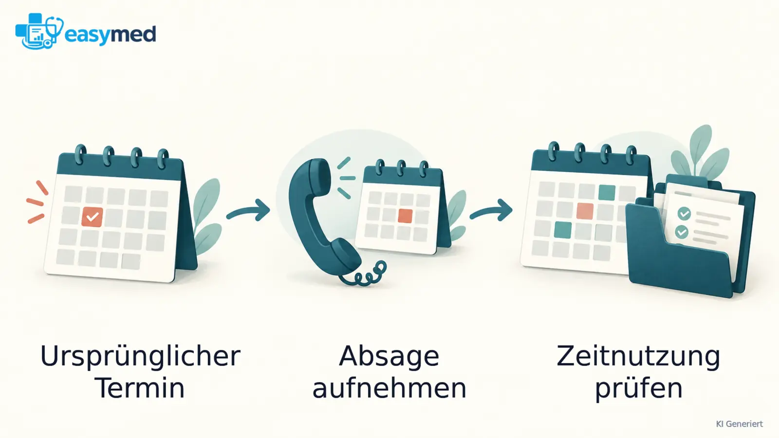 Illustration einer Ereigniskette aus reservierter Zeit, Absagenachricht und später neu belegtem Kalenderabschnitt.