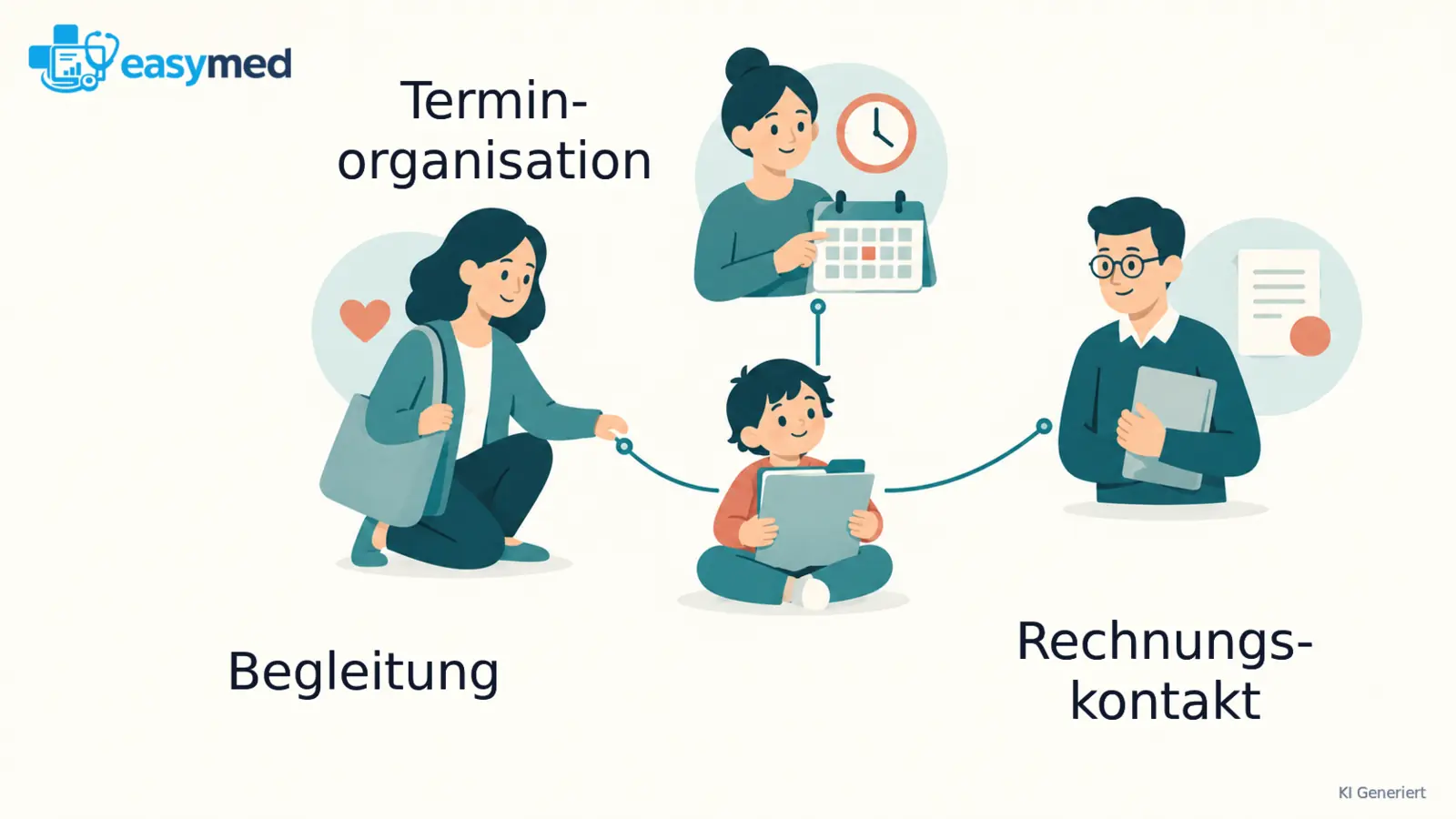 Ein Kind als Bezugspunkt und drei getrennte Kontaktrollen mit Begleitung, Kalender und Rechnungsmappe.