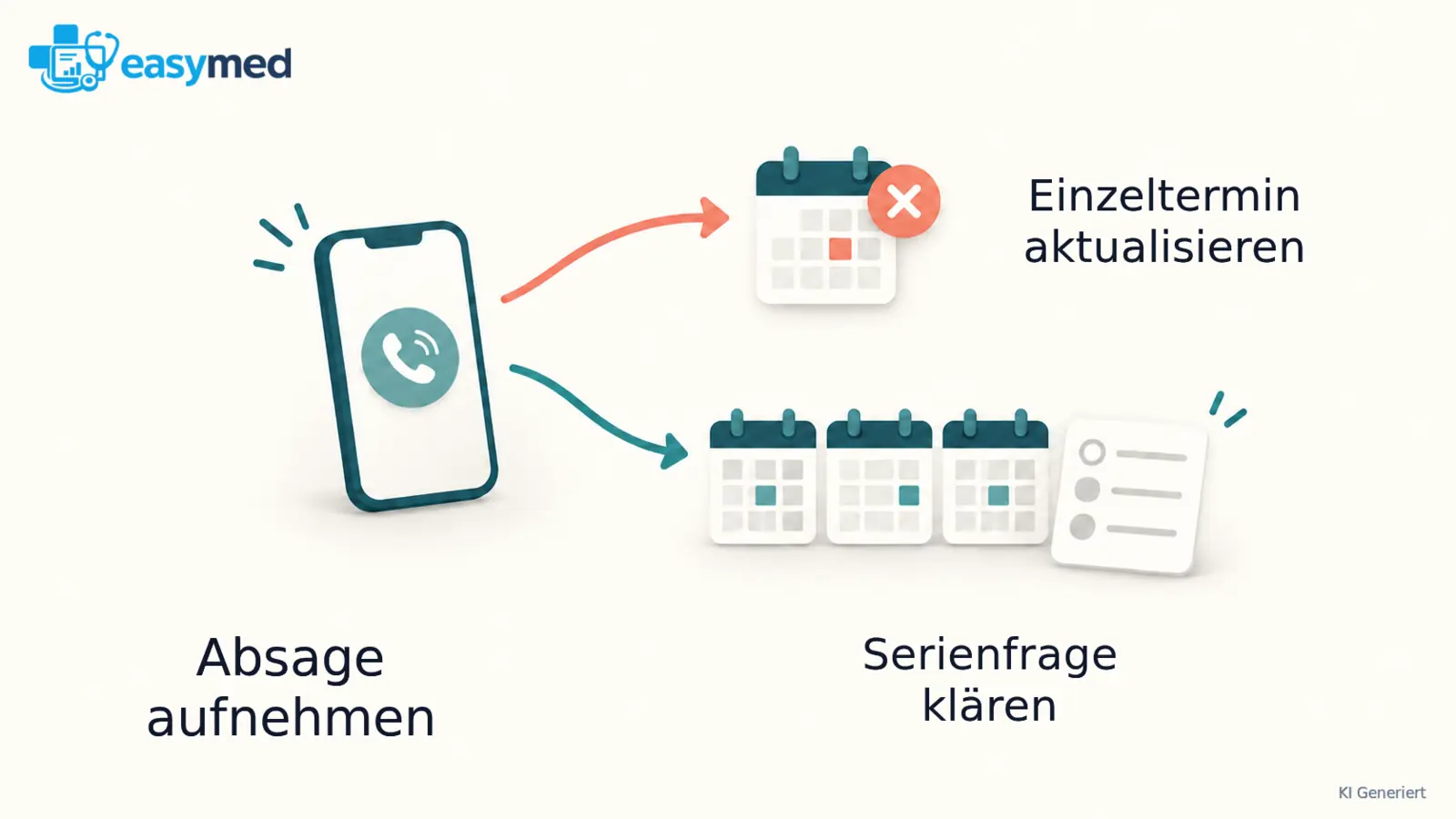 Eine Absagenachricht verzweigt in einen aktualisierten Einzeltermin und eine noch offene Frage zur Terminserie.