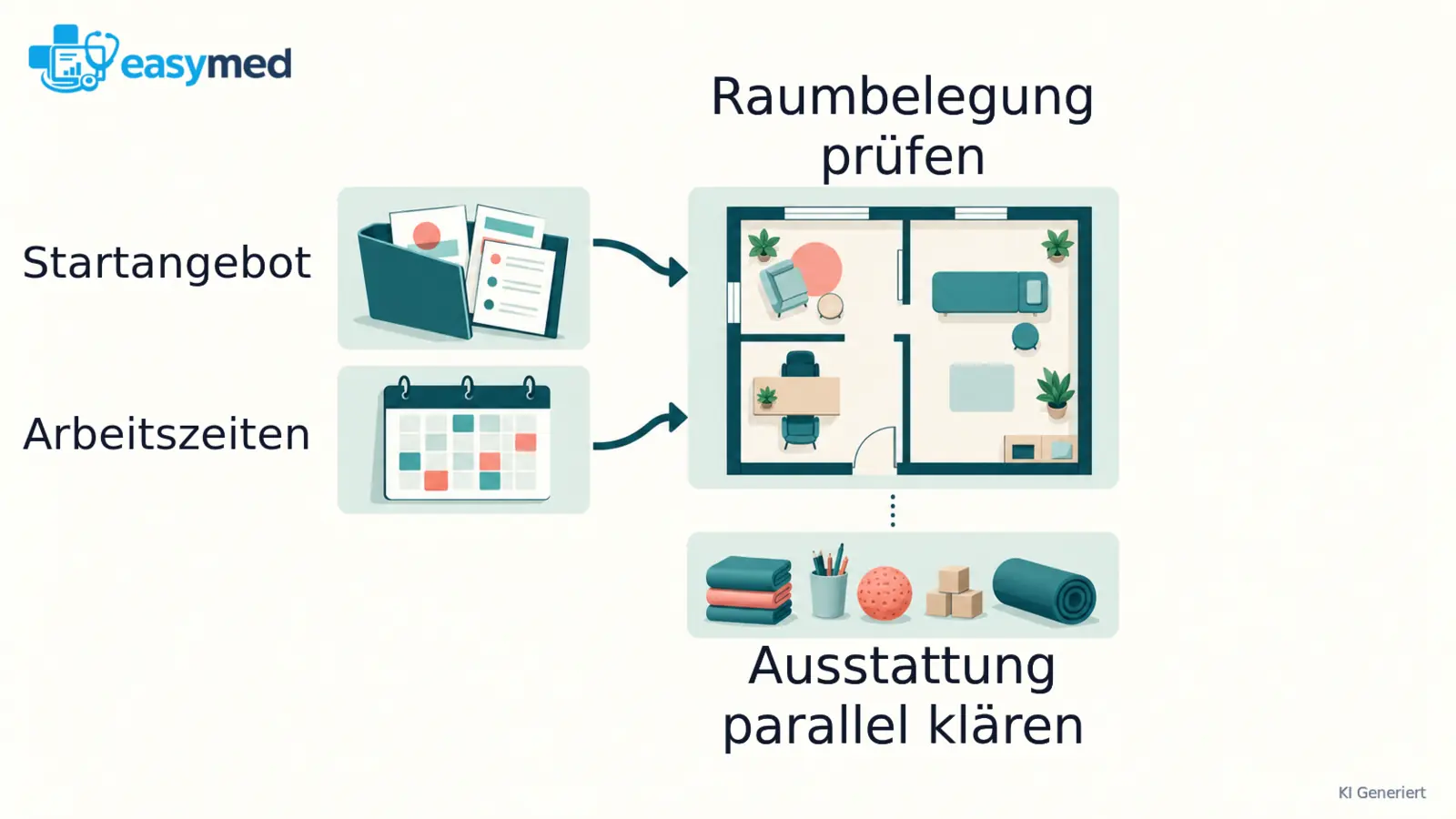 Zwei Planungsbausteine für Angebot und Arbeitszeiten führen gemeinsam zur Prüfung eines Praxisgrundrisses.