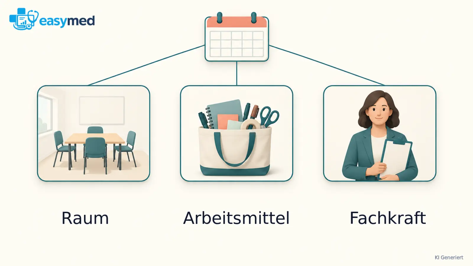 Drei getrennte Ressourcen für Raum, Material und Fachkraft führen gemeinsam zu einem Gruppenzeitfenster.