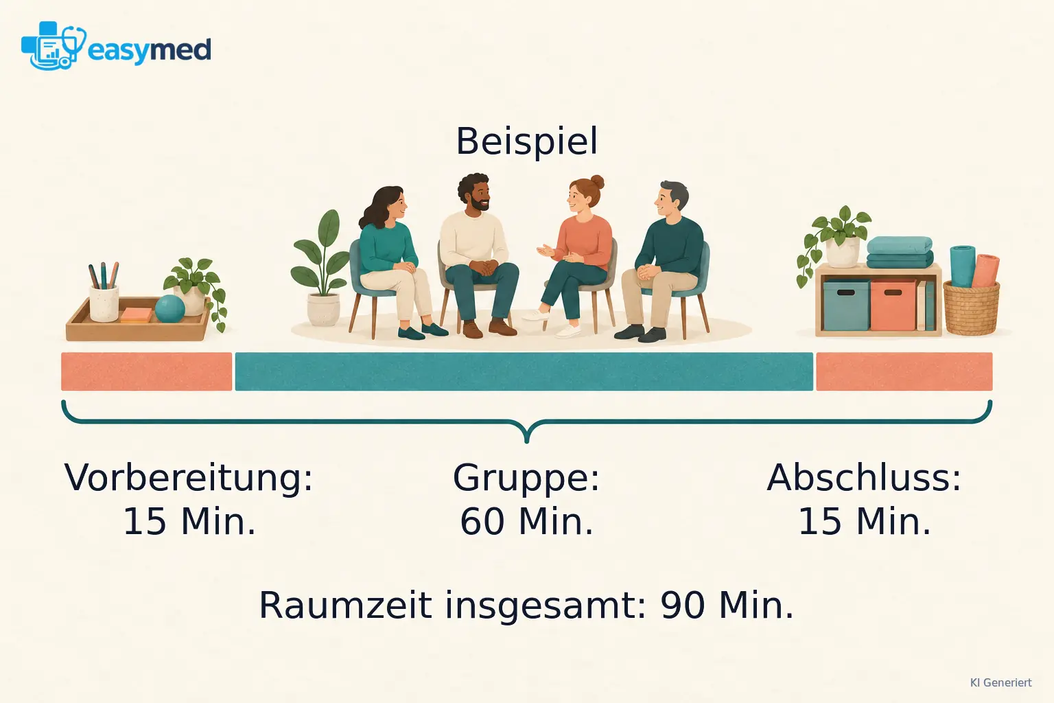 Beispielhafte 90-Minuten-Raumplanung: 15 Minuten Vorbereitung, 60 Minuten gemeinsame Einheit und 15 Minuten Raumabschluss.