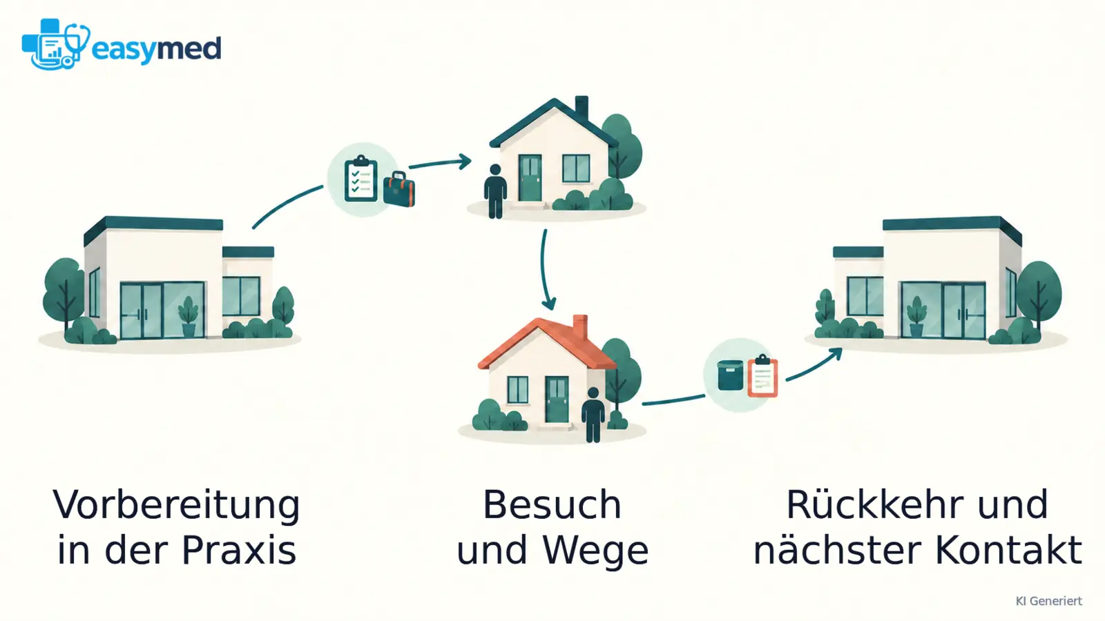 Eine schematische Route führt von der Praxis zu zwei Besuchsorten und wieder zur Praxis zurück, mit zusätzlichen Übergangsmarkern.