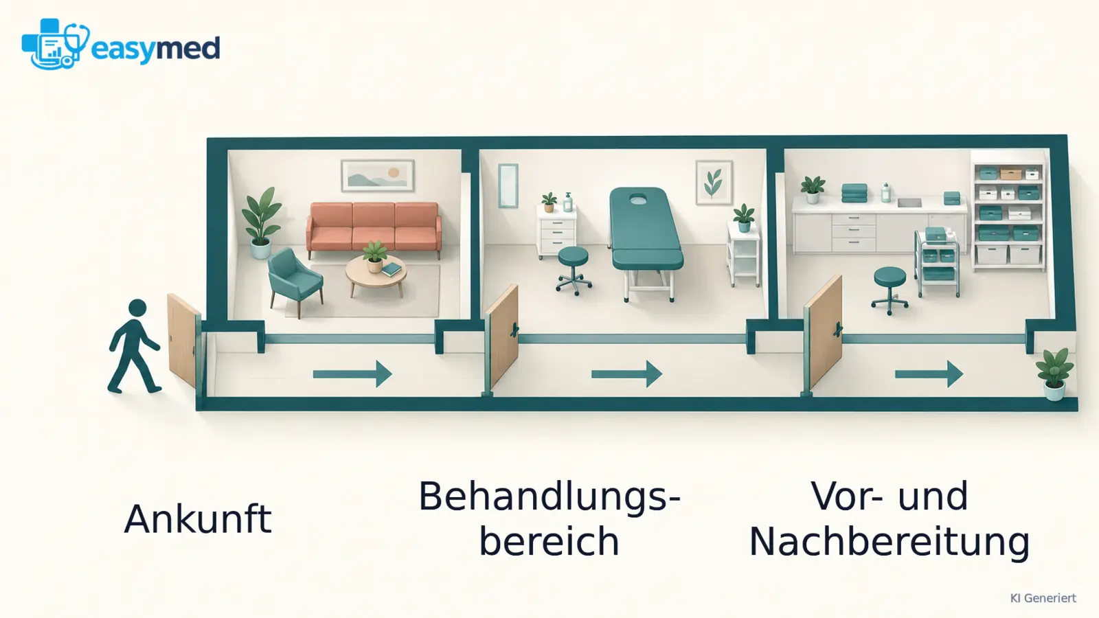 Schematischer Grundriss mit Ankunft, Behandlungsbereich und Materialvorbereitung entlang eines Flurs.