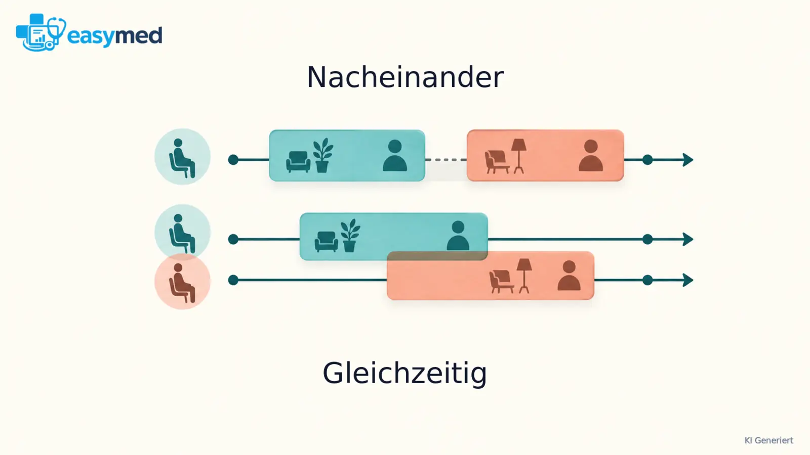 Zwei Zeitstreifen zeigen Arbeitszeiten zweier Leistungserbringer einmal ohne und einmal mit Überschneidung.