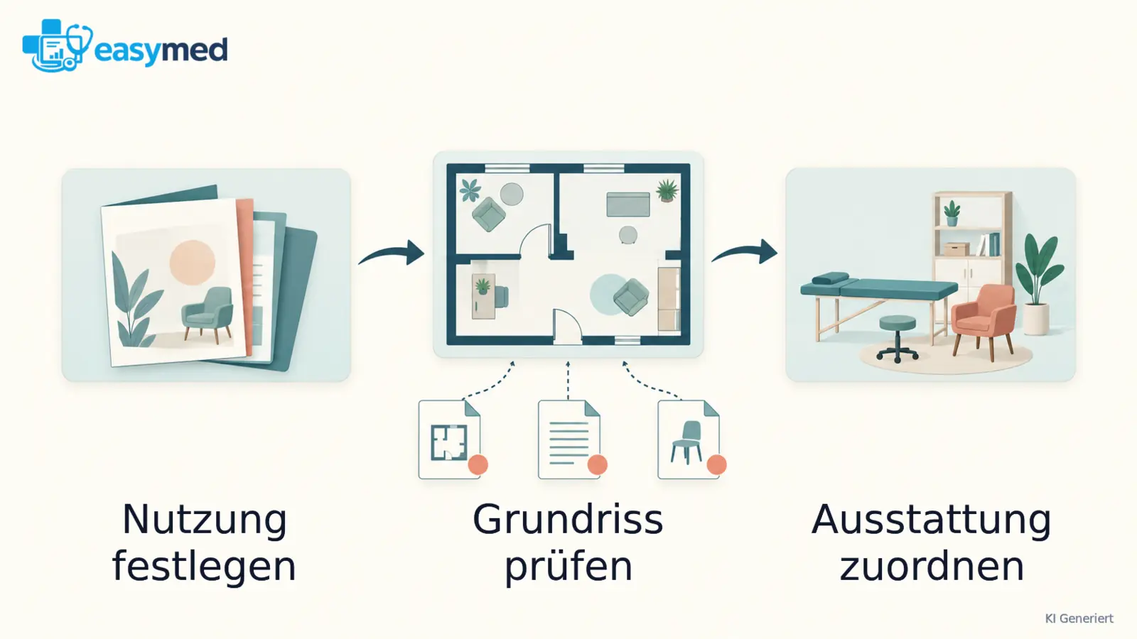 Drei verbundene Planungsbausteine zeigen Nutzungskonzept, Grundriss und Ausstattung in einer nachvollziehbaren Reihenfolge.