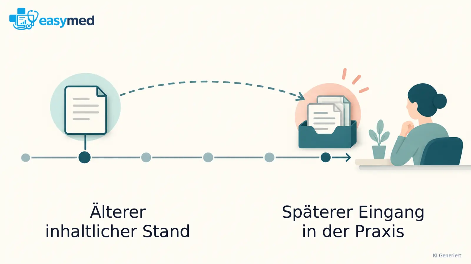 Eine ältere Dokumentenmappe wird später in die Praxisakte aufgenommen; zwei getrennte Zeitmarkierungen zeigen Inhalt und Eingang.
