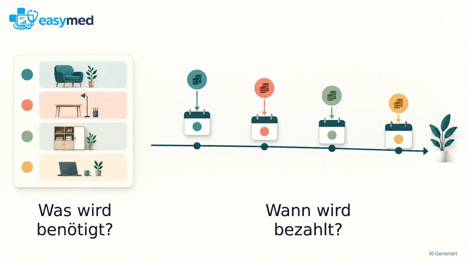 Eine Liste mit Ausstattungspaketen steht neben einer Zeitleiste, auf der die zugehörigen Zahlungen zeitlich verteilt sind.
