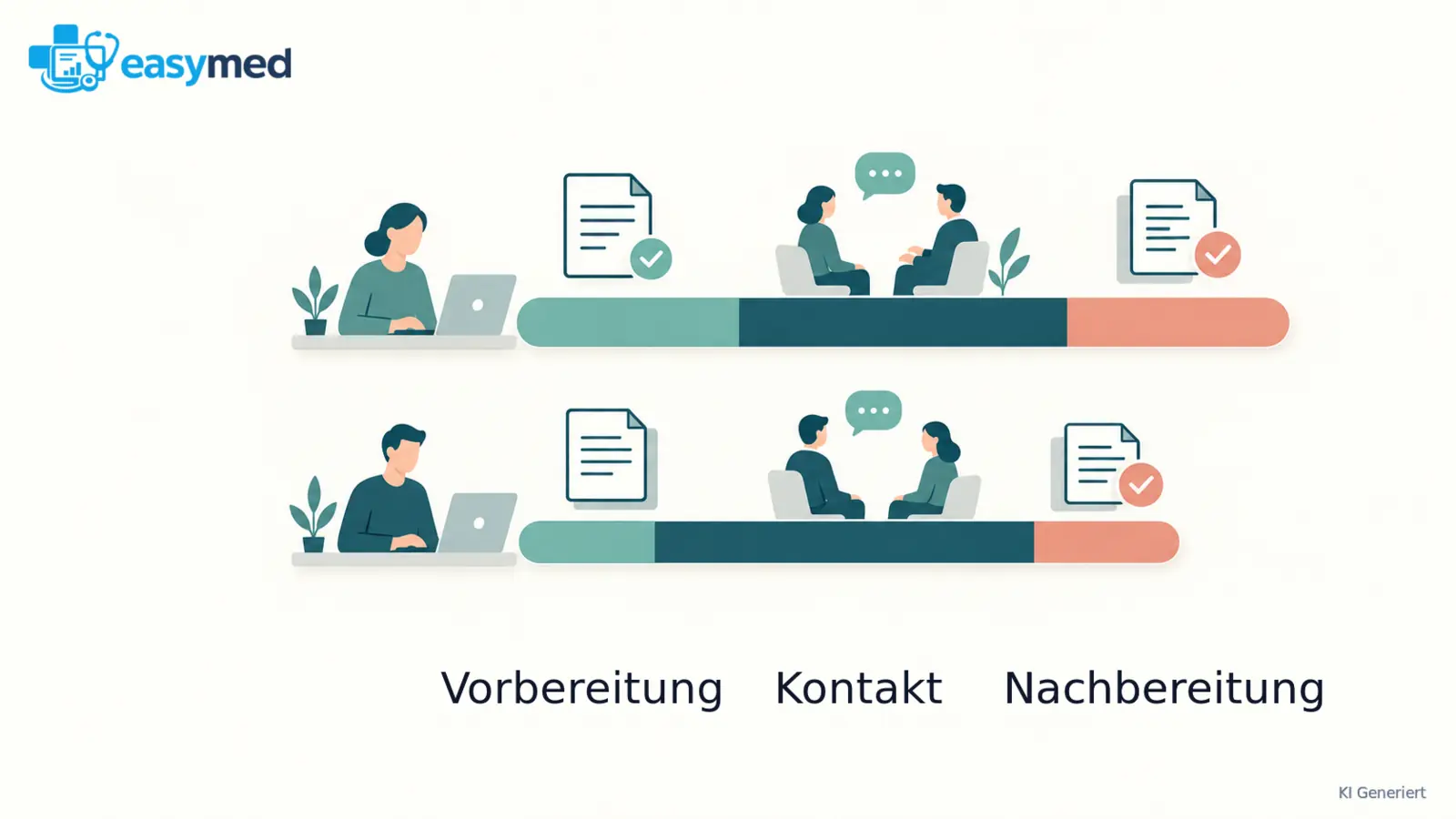 Zwei qualitative Zeitstreifen zeigen Kontaktzeit zusammen mit unterschiedlicher Vor- und Nachbereitung.