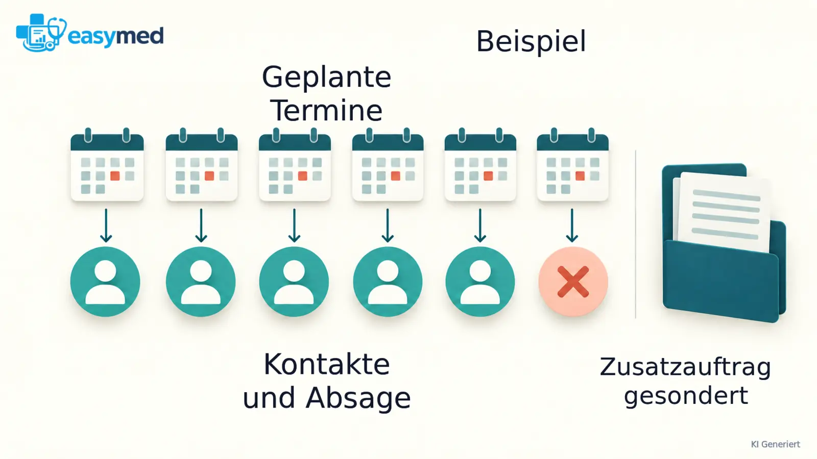 Zwei Reihen vergleichen sechs geplante Terminmarker mit fünf wahrgenommenen Kontakten und einer Absage; daneben liegt ein gesonderter Berichtauftrag.