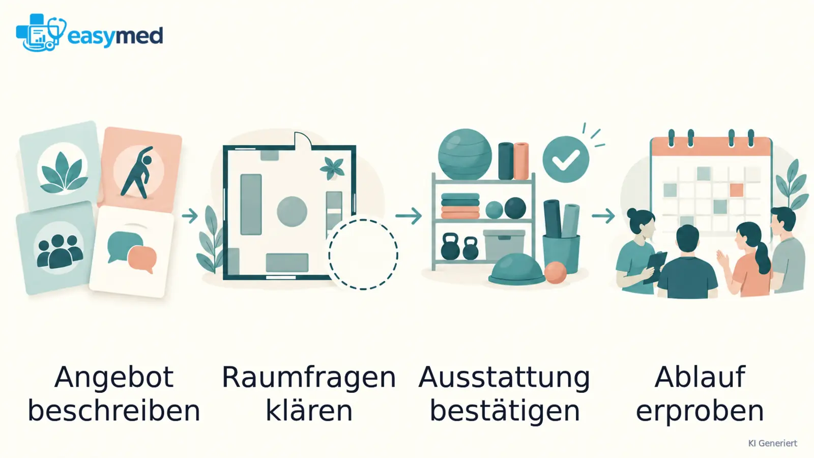 Vier aufeinander bezogene Illustrationen: Praxisangebot, Raumklärung, bestätigte Ausstattung und erprobte Kalenderwoche.