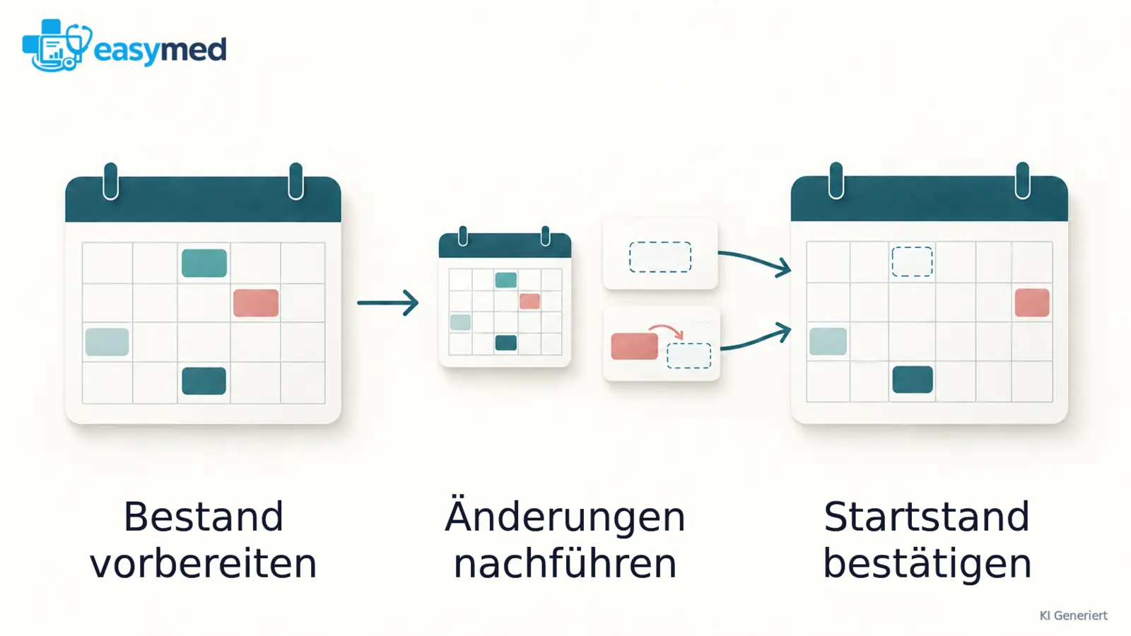 Drei Kalenderstände zeigen den vorbereiteten Bestand, eine Absage und einen verschobenen Termin im übernommenen Startstand.