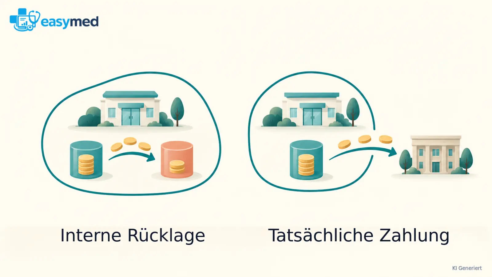 Zwei Gegenüberstellungen zeigen eine Verschiebung von Geld innerhalb der Praxis und eine Zahlung aus der Praxis heraus.
