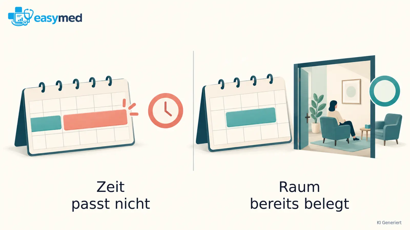 Zwei Kalenderbeispiele zeigen ein zu kurzes Zeitfenster und einen zeitlich passenden Termin mit bereits belegtem Raum.
