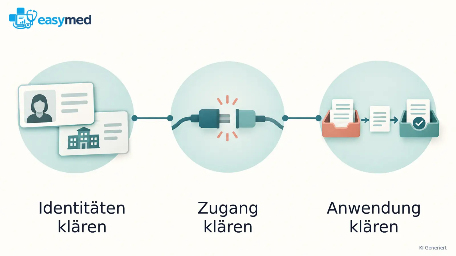 Drei verbundene Gruppen zeigen persönlichen und institutionellen Ausweis, TI-Zugang und den Weg einer Nachricht zur Bearbeitung.