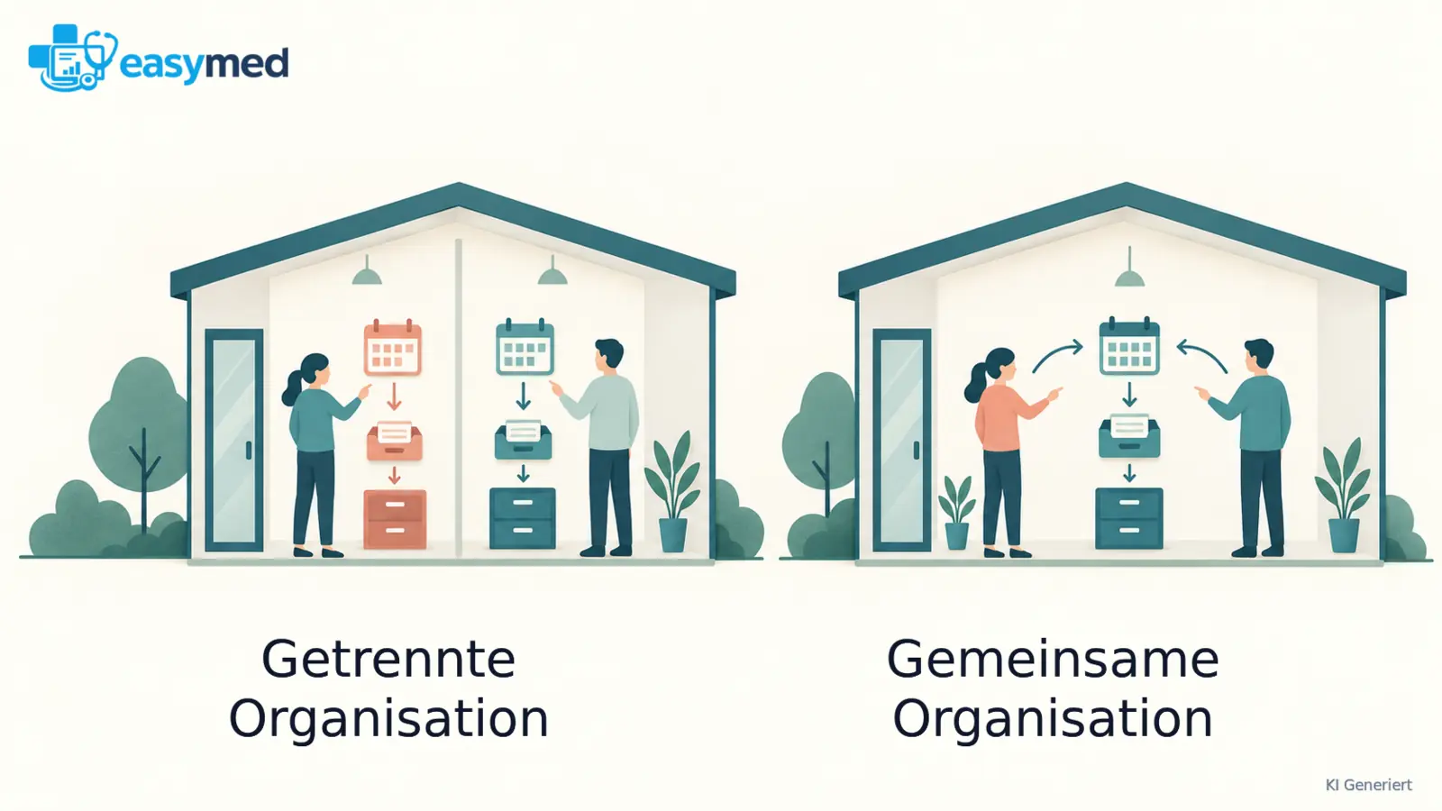 Zwei Organisationsmodelle im gleichen Praxisrahmen: getrennte Ablagen und eine gemeinsam geführte Organisation.