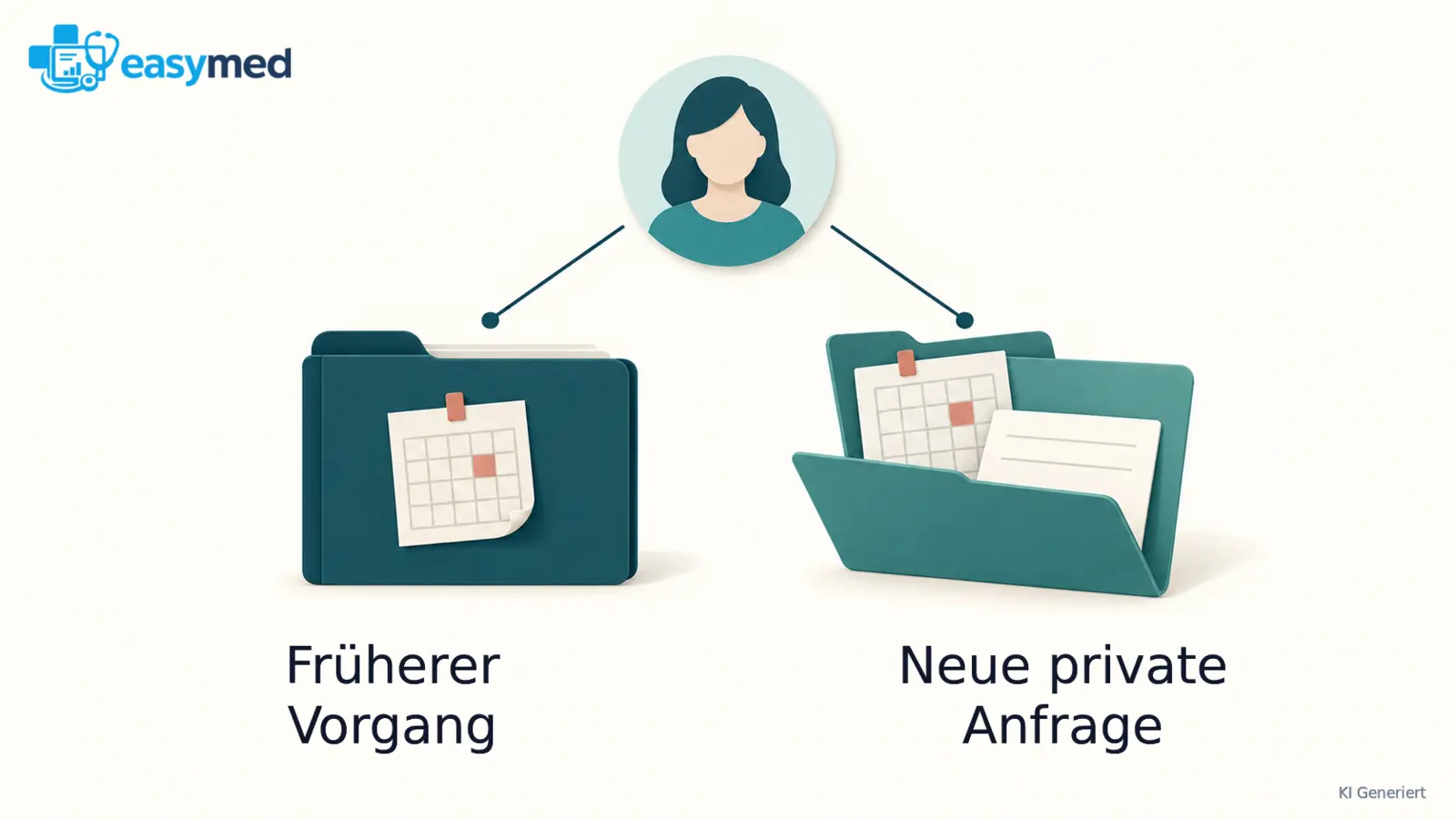 Eine Person mit zwei getrennten Fallmappen: früherer abgeschlossener Vorgang und neue private Anfrage.