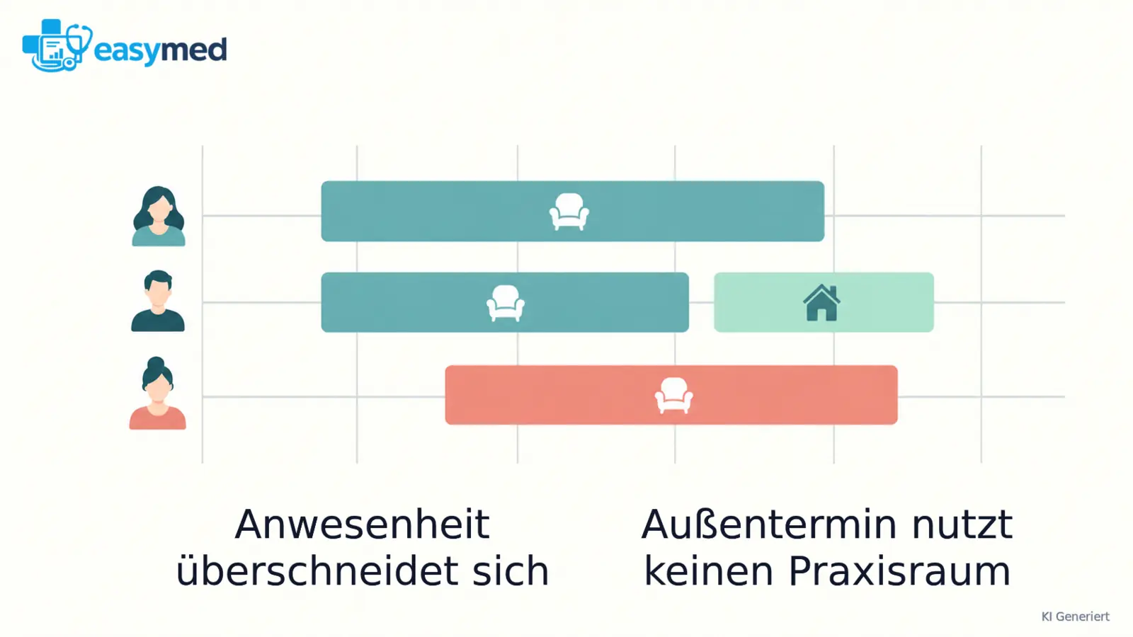 Drei Teamzeilen mit versetzten Anwesenheiten und einem gesonderten Außentermin.