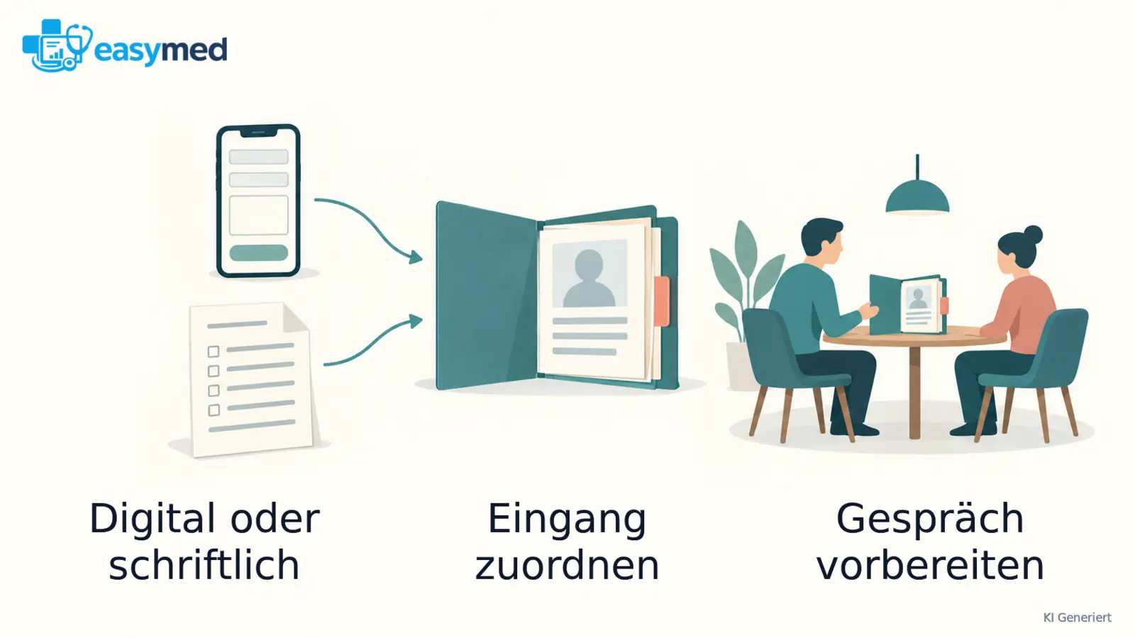 Smartphonebogen und Papierbogen führen zur gemeinsamen Patientenakte; rechts wird das Gespräch mit derselben Akte vorbereitet.