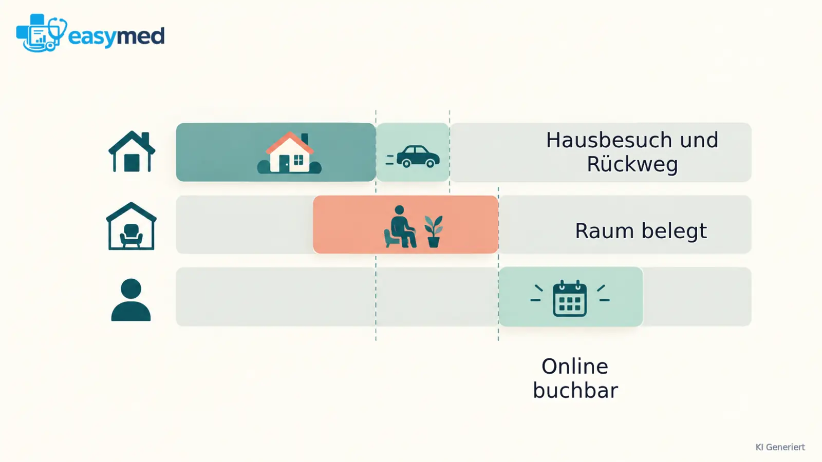 Drei Zeitstreifen zeigen: Auf den Hausbesuch folgt der Rückweg; ein belegter Behandlungsraum bleibt währenddessen gebunden; eine spätere freie Zeit kann online angeboten werden.