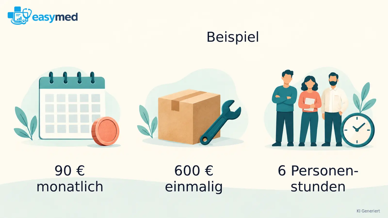Drei getrennte Aufwandskarten mit Monatskalender, Einrichtungspaket und drei Teamfiguren.